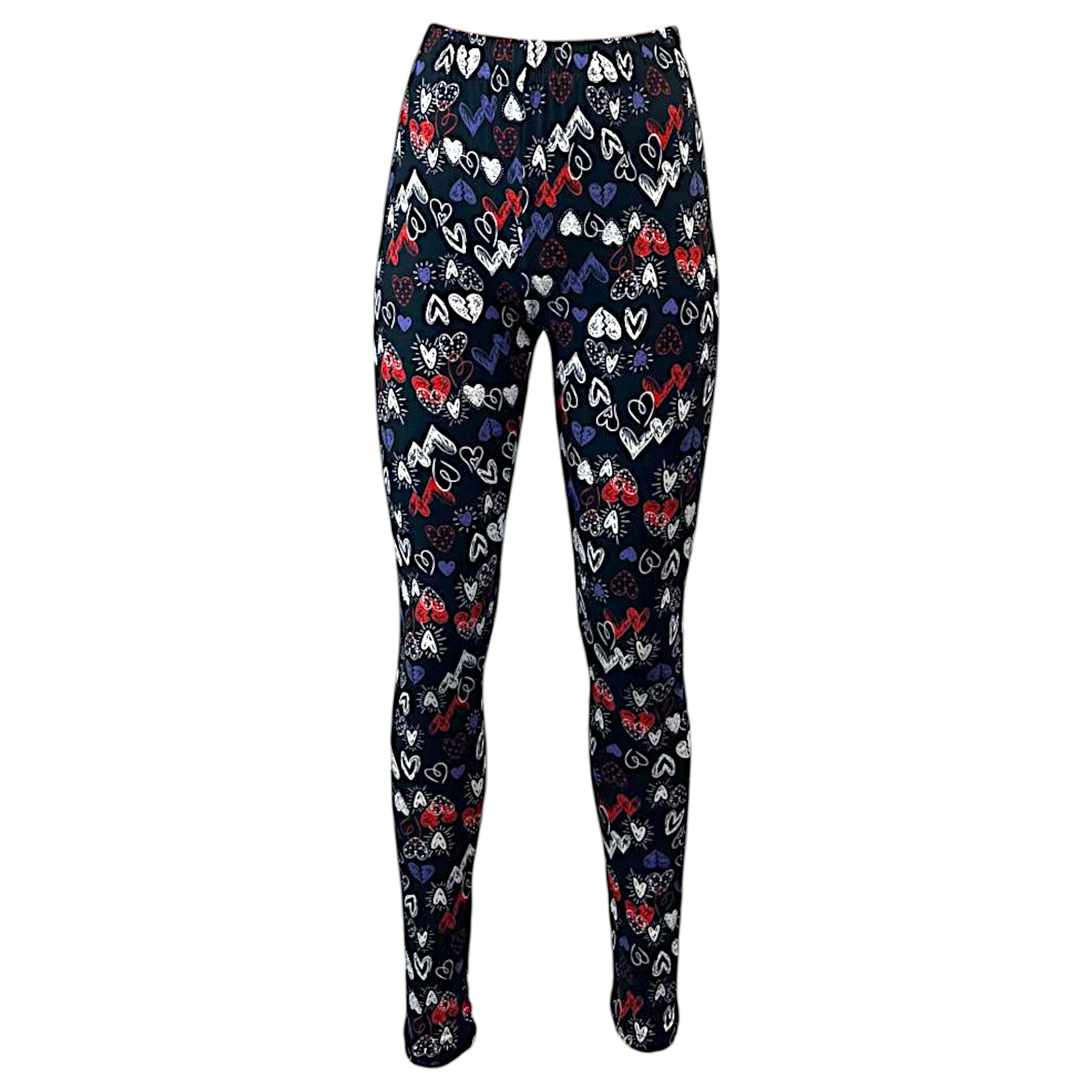 Women's full-length leggings in black with a colorful heart pattern, featuring red, blue, and white heart designs, elastic waistband, and soft stretch fabric. Perfect for casual wear or layering.